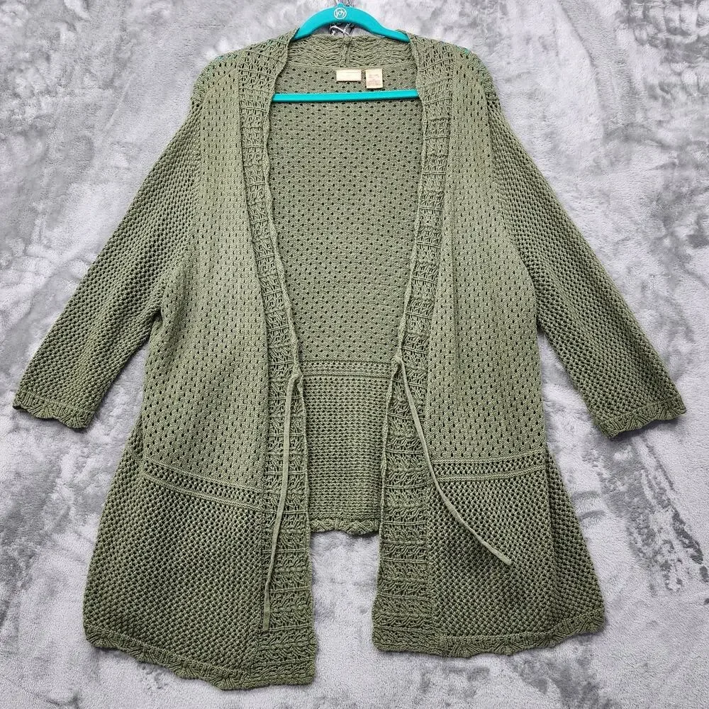 NorthCrest Sweater Womens‎ 3X Green Tie Front 3/4 Sleeve Open Knit Ramie Cotton
